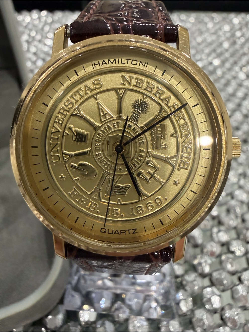 Hamilton Gold Dial University Emblem Quartz Watch with Brown Strap